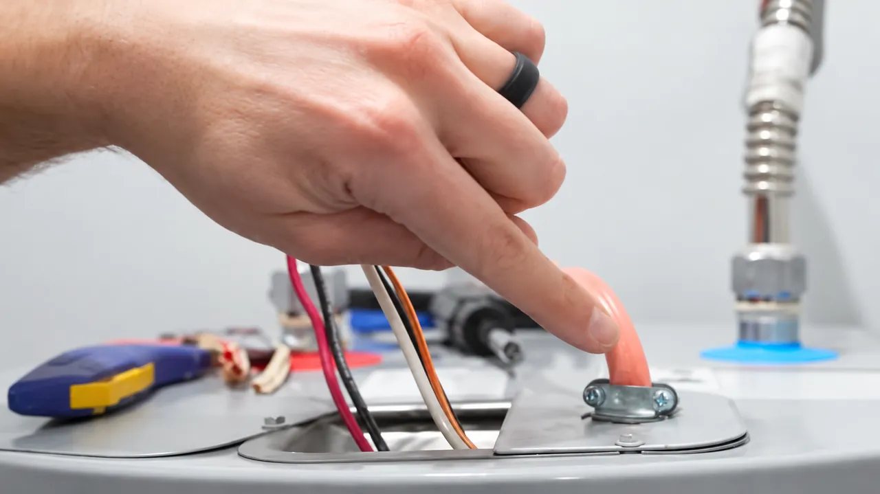 Hand pointing to an electric water heater connection cover